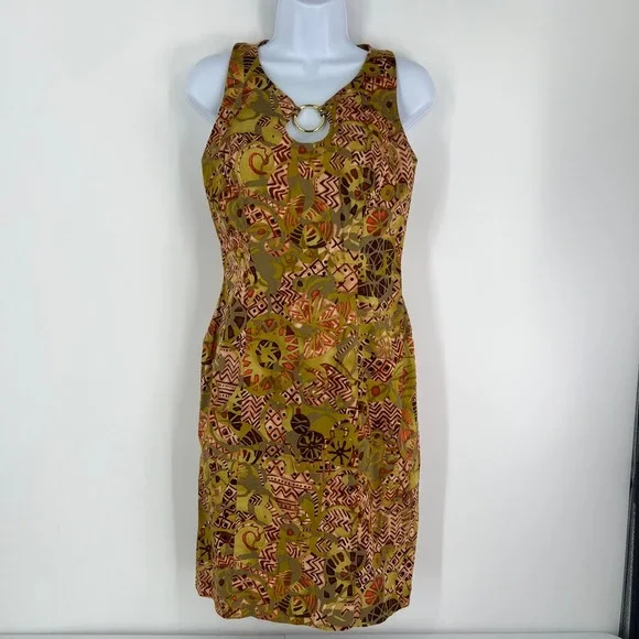Vintage Abstract Tribal Print Sheath Dress Size 4 Olive Brown Ring Neck Boho - Picture 12 of 12